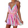 image:imageCHARTOU Womens Sexy v Neck Backless Multicolored Stripes Ruched Ruffled ALine Mini DressRose