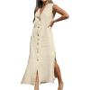 image:imageCHARTOU Womens Summer Casual Button Down Shirt Dress Cotton Linen Sleeveless Side Slit Maxi Tank Dresses with PocketsApricot