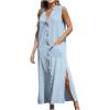 image:imageCHARTOU Womens Summer Casual Button Down Shirt Dress Cotton Linen Sleeveless Side Slit Maxi Tank Dresses with PocketsLight Blue