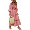 image:imageCHARTOU Womens Summer Floral Embroidery Boho Midi Dress 34 Ruffle Sleeves V Neck Casual Beach Dress with PocketsPink