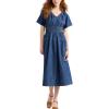 image:imageCHARTOU Womens V Neck Cotton Mid Long Dress Short Sleeve Elastic Waist Cinch Elegant Party DressBlue