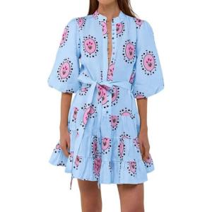 image:imageCHARTOU Floral Cotton Linen Dress Women Summer Puff Sleeve Button Down Wrap Tie Waist Shirt Dress with BeltBlue