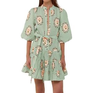 image:imageCHARTOU Floral Cotton Linen Dress Women Summer Puff Sleeve Button Down Wrap Tie Waist Shirt Dress with BeltGreen