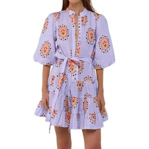 image:imageCHARTOU Floral Cotton Linen Dress Women Summer Puff Sleeve Button Down Wrap Tie Waist Shirt Dress with BeltPurple