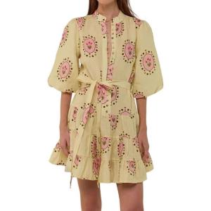 image:imageCHARTOU Floral Cotton Linen Dress Women Summer Puff Sleeve Button Down Wrap Tie Waist Shirt Dress with BeltYellow