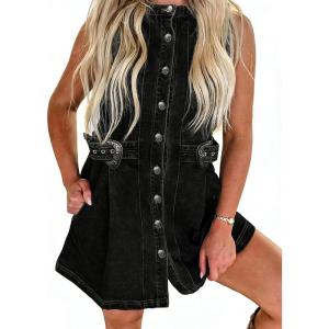image:imageCHARTOU Summer Denim Dress for Women Button Down Sleeveless Cowgirl Mini Jean Dress with BeltBlack