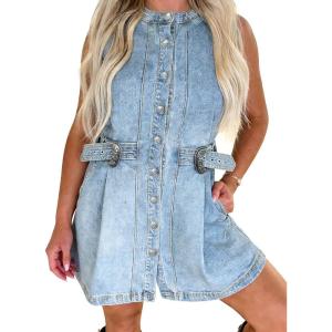 image:imageCHARTOU Summer Denim Dress for Women Button Down Sleeveless Cowgirl Mini Jean Dress with BeltLight Blue