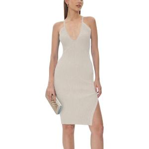 image:imageCHARTOU Women Bodycon Sleeveless Midi Dress Sexy V Neck Side Slit Ribbed Knit Tank DressesBeige