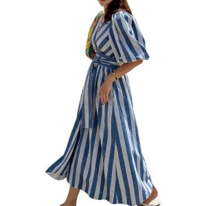 image:imageCHARTOU Women Comfy Stripes Beach Dress Summer Puff Short Sleeve Cotton Linen Long Dress with BeltBlue