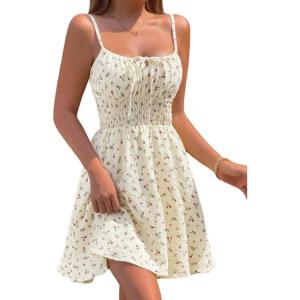image:imageCHARTOU Women Floral Boho Spaghetti Strap Sundress Sleeveless Smocked A Line Mini DressApricot