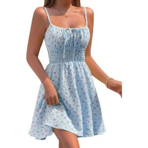 image:imageCHARTOU Women Floral Boho Spaghetti Strap Sundress Sleeveless Smocked A Line Mini DressBlue