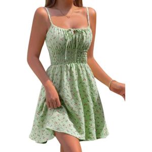 image:imageCHARTOU Women Floral Boho Spaghetti Strap Sundress Sleeveless Smocked A Line Mini DressGreen
