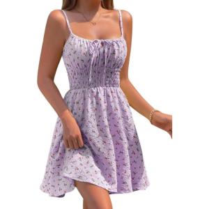 image:imageCHARTOU Women Floral Boho Spaghetti Strap Sundress Sleeveless Smocked A Line Mini DressPurple