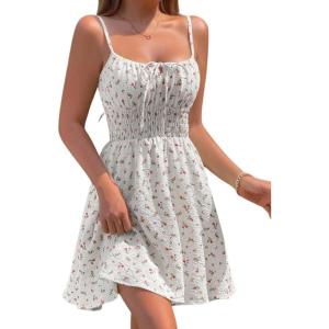 image:imageCHARTOU Women Floral Boho Spaghetti Strap Sundress Sleeveless Smocked A Line Mini DressWhite