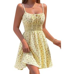 image:imageCHARTOU Women Floral Boho Spaghetti Strap Sundress Sleeveless Smocked A Line Mini DressYellow