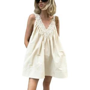 image:imageCHARTOU Women Floral Lace Mini Dress Sexy V Neck Sleeveless Summer Beach Vacation Tunic Shift DressBeige