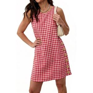 image:imageCHARTOU Women Gingham Plaid Sleeveless Dress A Line Mini Dress with Side Wooden Button Casual Summer Sundress for VacationRed