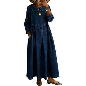 image:imageCHARTOU Women Peter Pan Collar Denim Maxi Dress Cute 34 Sleeve Loose Long Jean Dress with PocketsDark Blue