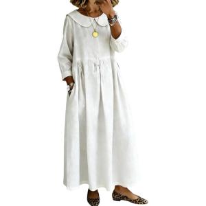 image:imageCHARTOU Women Peter Pan Collar Denim Maxi Dress Cute 34 Sleeve Loose Long Jean Dress with PocketsWhite