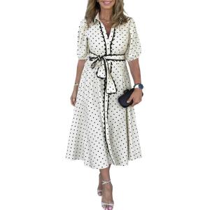 image:imageCHARTOU Women Polka Dot Maxi Dress Lapel Puff Sleeve Button Down Summer Flowy Dress with BeltWhite