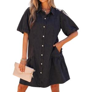 image:imageCHARTOU Women Puff Sleeve Short Denim Dress Loose Lapel Button Down Ruffle Hem Jean Shirt Dress with PocketsBlack