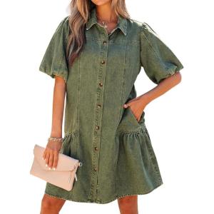 image:imageCHARTOU Women Puff Sleeve Short Denim Dress Loose Lapel Button Down Ruffle Hem Jean Shirt Dress with PocketsGreen