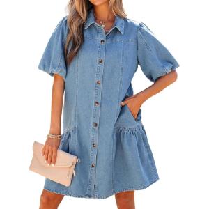 image:imageCHARTOU Women Puff Sleeve Short Denim Dress Loose Lapel Button Down Ruffle Hem Jean Shirt Dress with PocketsLight Blue
