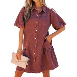 image:imageCHARTOU Women Puff Sleeve Short Denim Dress Loose Lapel Button Down Ruffle Hem Jean Shirt Dress with PocketsWine