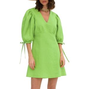 image:imageCHARTOU Women Puff Sleeve Short Dress Cotton Linen V Neck A Line Elastic High Waist Lace Up Vacation DressGreen