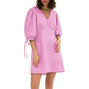 image:imageCHARTOU Women Puff Sleeve Short Dress Cotton Linen V Neck A Line Elastic High Waist Lace Up Vacation DressPink
