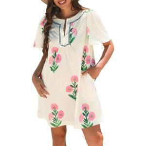 image:imageCHARTOU Women Summer Boho Floral Dress Short Puff Sleeve V Neck Trim Loose Mini Dress Casual Beach SundressBeige