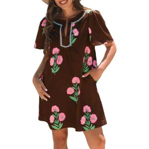 image:imageCHARTOU Women Summer Boho Floral Dress Short Puff Sleeve V Neck Trim Loose Mini Dress Casual Beach SundressChocolate Brown