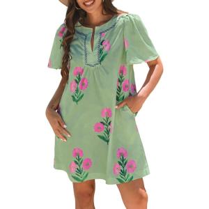 image:imageCHARTOU Women Summer Boho Floral Dress Short Puff Sleeve V Neck Trim Loose Mini Dress Casual Beach SundressGreen