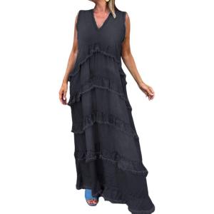 image:imageCHARTOU Women Summer Casual Denim Maxi Dress V Neck Sleeveless Tiered Distressed Jean DressDark