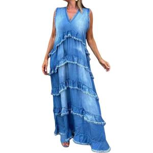 image:imageCHARTOU Women Summer Casual Denim Maxi Dress V Neck Sleeveless Tiered Distressed Jean DressDarkblue