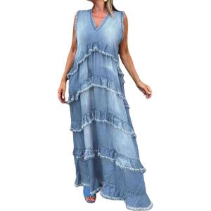 image:imageCHARTOU Women Summer Casual Denim Maxi Dress V Neck Sleeveless Tiered Distressed Jean DressLightblue