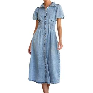 image:imageCHARTOU Women Summer Denim Dress Puff Sleeve Cinched Waist Button Down Long Denim DressBlue