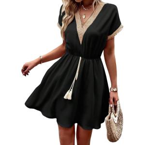 image:imageCHARTOU Women Summer Lace Crochet Knit Chiffon Mini Dress Short Sleeve High Waist A Line DressBlack