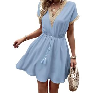 image:imageCHARTOU Women Summer Lace Crochet Knit Chiffon Mini Dress Short Sleeve High Waist A Line DressDark Blue