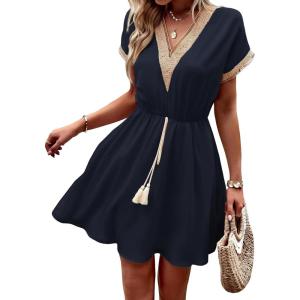 image:imageCHARTOU Women Summer Lace Crochet Knit Chiffon Mini Dress Short Sleeve High Waist A Line DressNavy