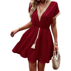 image:imageCHARTOU Women Summer Lace Crochet Knit Chiffon Mini Dress Short Sleeve High Waist A Line DressRed