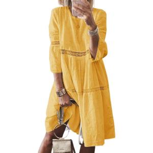 image:imageCHARTOU Womens Comfy 34 Sleeves Lace Crochet Lightweight Flowy ALine Midi DressYellow
