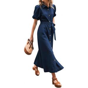image:imageCHARTOU Womens Denim Maxi Dress Cute Puff Sleeve Button Down Jean Shirt Dress with BeltDark Blue
