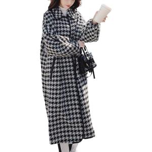 image:imageCHARTOU Womens Elegant Lapel Collar Single Breast Houndstooth Plaid Woolen Long Jacket OvercoatBlack