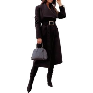 image:imageCHARTOU Womens Elegant Lapel Collar Wool Blend Midi Long Trench Overcoat Jacket with BeltBlack