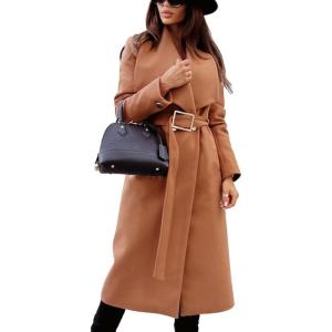 image:imageCHARTOU Womens Elegant Lapel Collar Wool Blend Midi Long Trench Overcoat Jacket with BeltKhaki