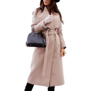 image:imageCHARTOU Womens Elegant Lapel Collar Wool Blend Midi Long Trench Overcoat Jacket with BeltPink