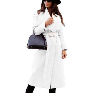 image:imageCHARTOU Womens Elegant Lapel Collar Wool Blend Midi Long Trench Overcoat Jacket with BeltWhite