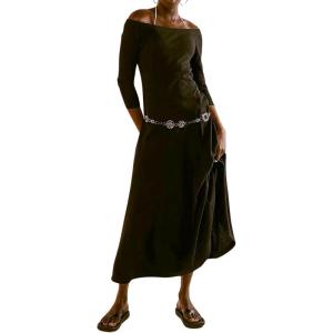 image:imageCHARTOU Womens Long Sleeve Off Shoulder Long Dress Midi Waist A line Maxi Dress Slim Flowy Swing Sun DressBlack