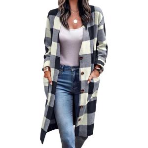image:imageCHARTOU Womens Oversized Woolen Plaid VNeck Button Front Long Shacket Jacket OvercoatBlack